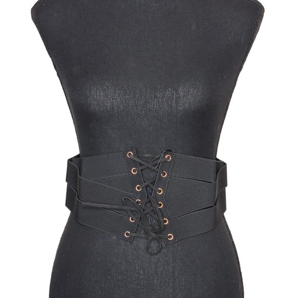 Black Wide Corset Wide Waist Corset Cinch Belt Leather Gold Metal Zipper - Picture 2 of 8